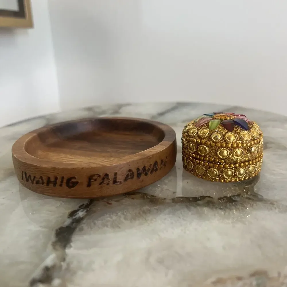 Vintage Palawan Philippines Wood Dish & Indian Jeweled Kumkum Ring Pill Box Lot